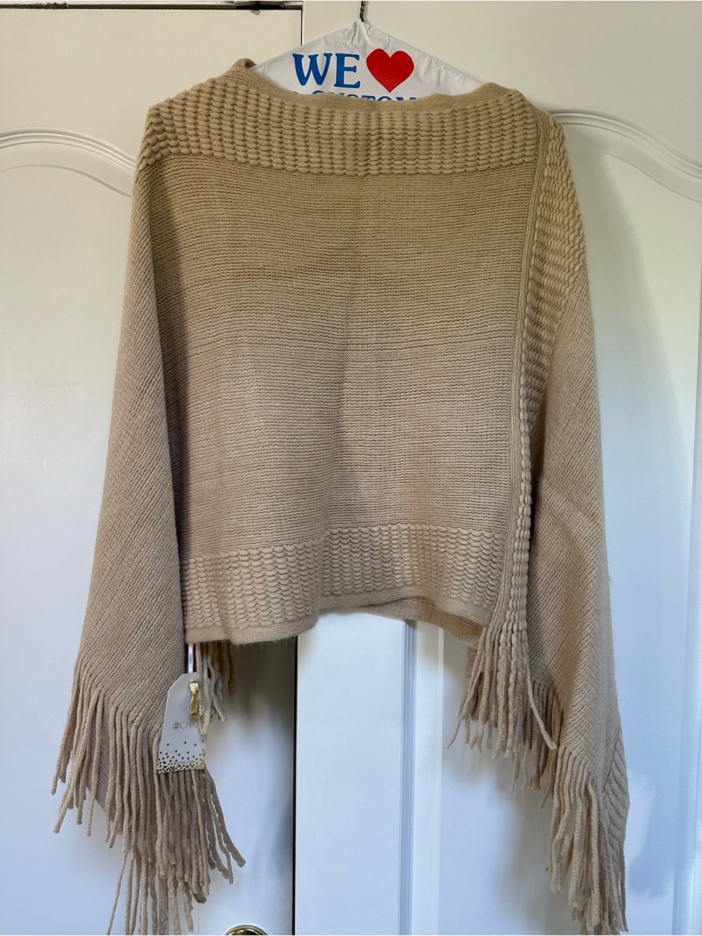 Neutral Beige Fringe Knit Poncho Sweater - Women
